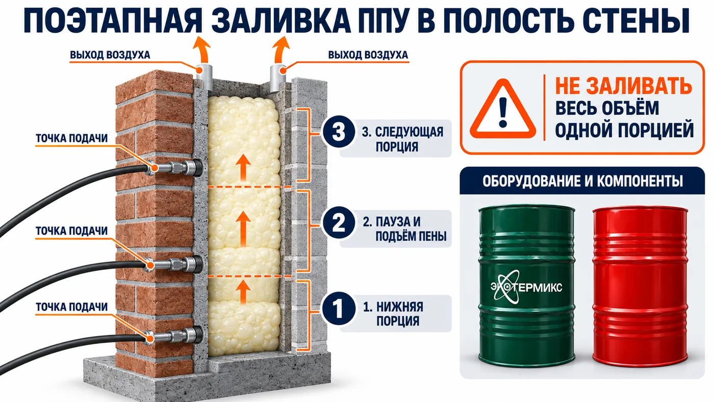 Поэтапная заливка ППУ снизу вверх с выходом воздуха